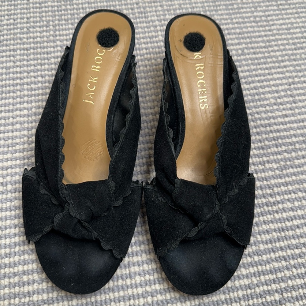 Jack Rogers Black Suede Slides with wooden Heel